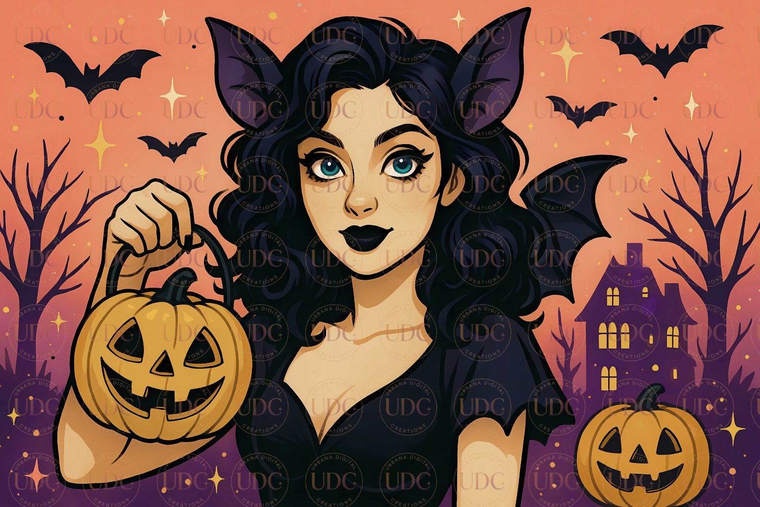Bat-Eared Gothic Witch Halloween Tumbler Wrap PNG – Black Dress, Pumpkin, Haunted House & Sunset Bats for 20oz Skinny Tumblers product image (1)