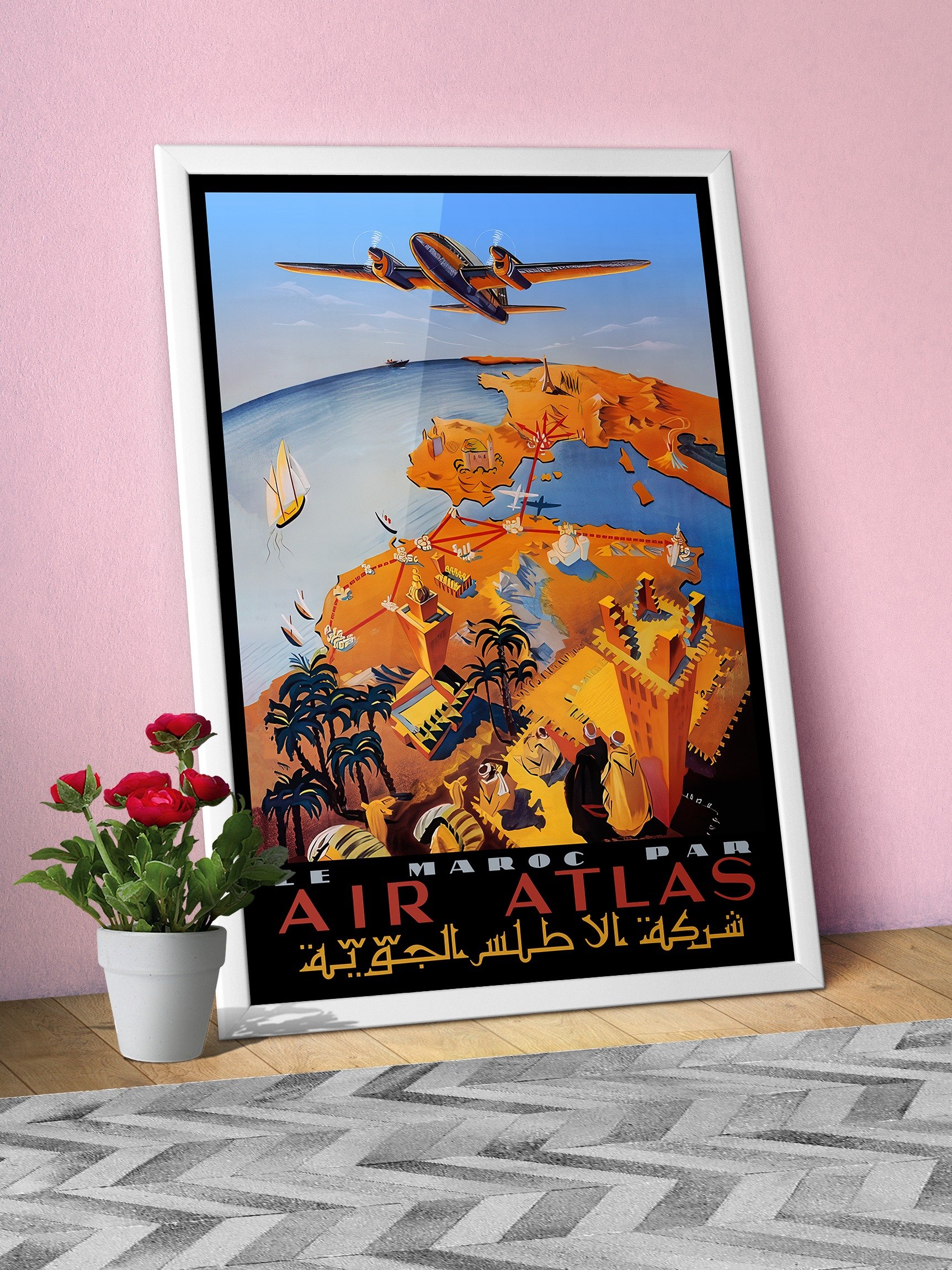 Morocco, Air Atlas, 1951 (Very Rare poster, Enhanced) — retro travel poster, vintage travel print product image (6)
