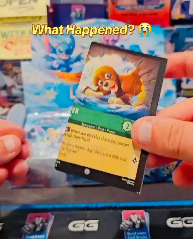 This Disney Lorcana card was pulled last night in our stream, from a fresh Case of Winterspell Booster Boxes. Looks like the Lorcana employee messed up their one job and cut the card perfectly in half‼️🤯 🚨 Follow @goodgainzcardbreaks for more card collectible content! #pullingsomegoodgainz🔥 #disneylorcana #tcg #qualitycontrol #youhadonejob 