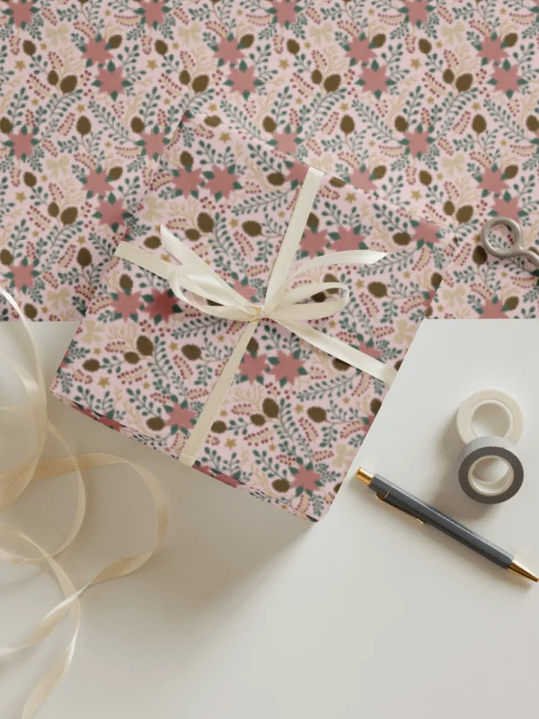 Enchanted forest blooms Christmas wrapping paper. Set of 3 sheets in green, soft pink, and white product image (1)