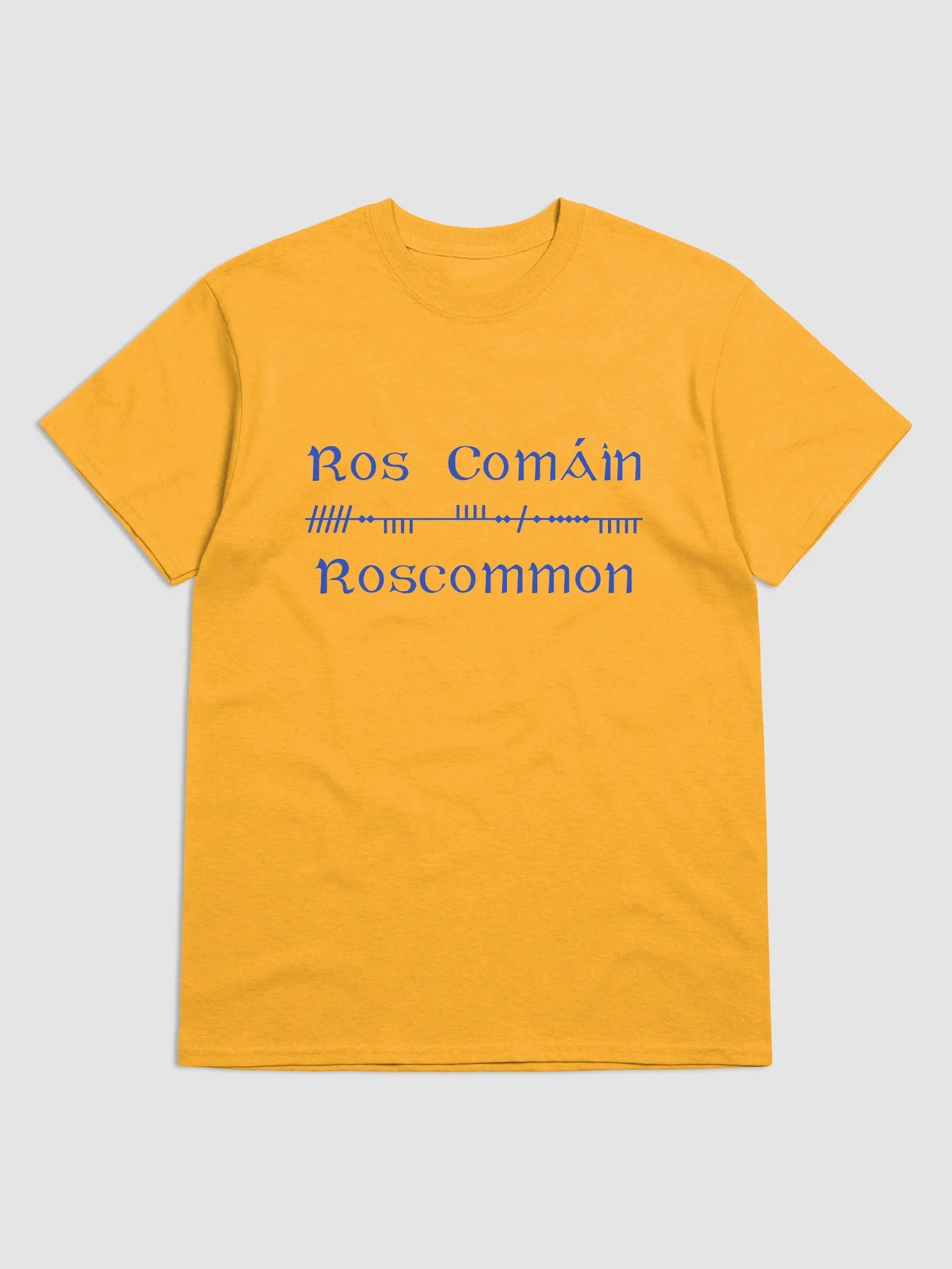 Roscommon/Ros Comáin Scholastic style Ogham Yellow printed T-shirt product image (1)