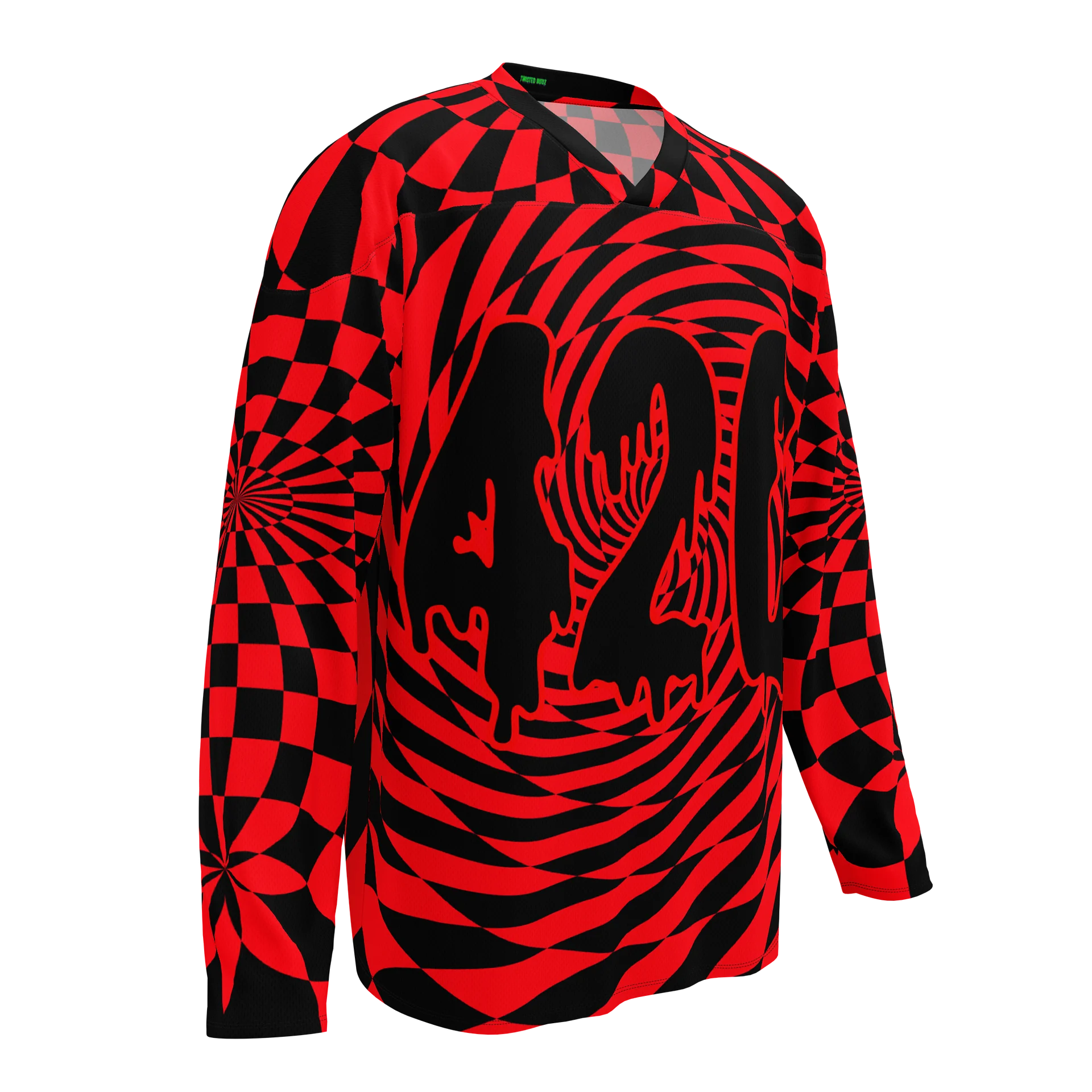 Red Black 420 Hockey Jersey, EDM Cannabis Clothes, Psychedelic Spirals Stoner Shirt, Weed Rave Retro Fashion, Trippy Checkers Festival Top product image (2)