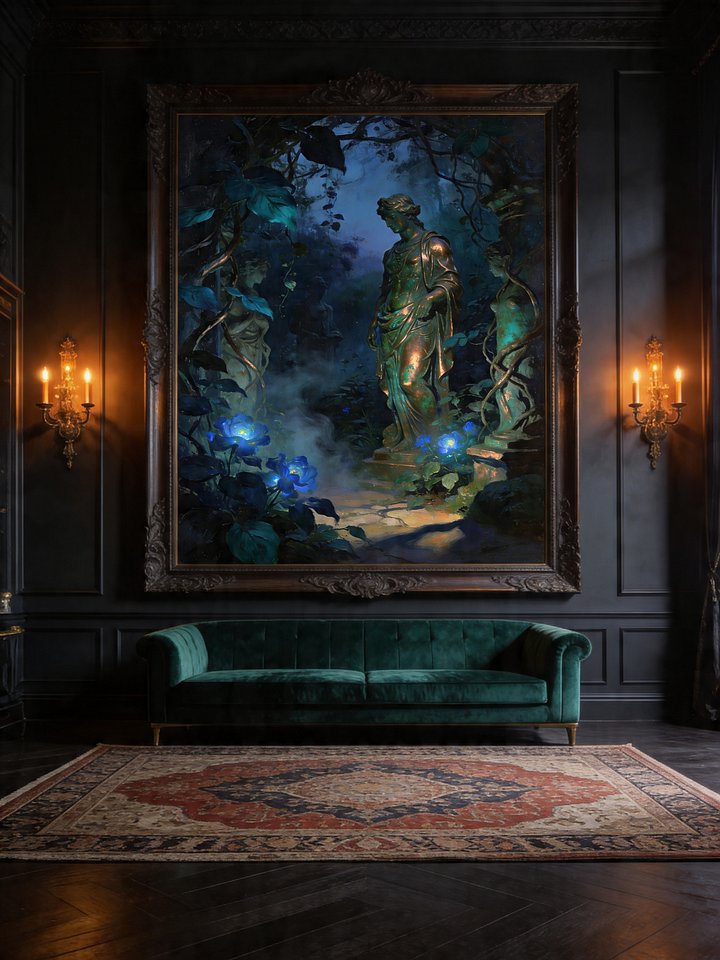 Midnight Garden Goddess | Limited Edition Dark Botanical Fantasy Canvas Print | Copper Verdigris Statue Art | Enchanted Garden Wall Decor | Dark Academia Art product image (2)
