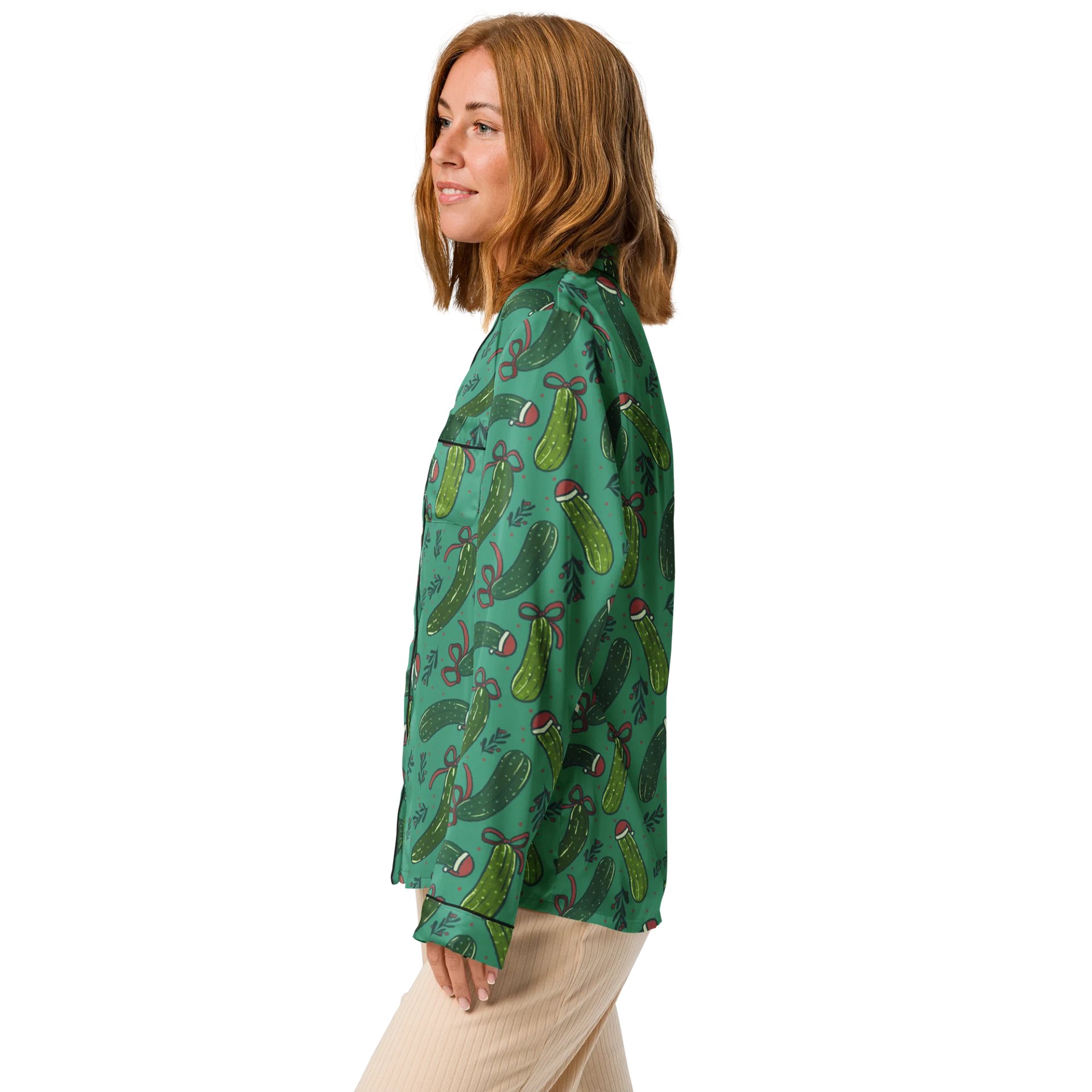 Funny Christmas Pickles Pattern Pyjama Shirt, Dark Green product image (5)