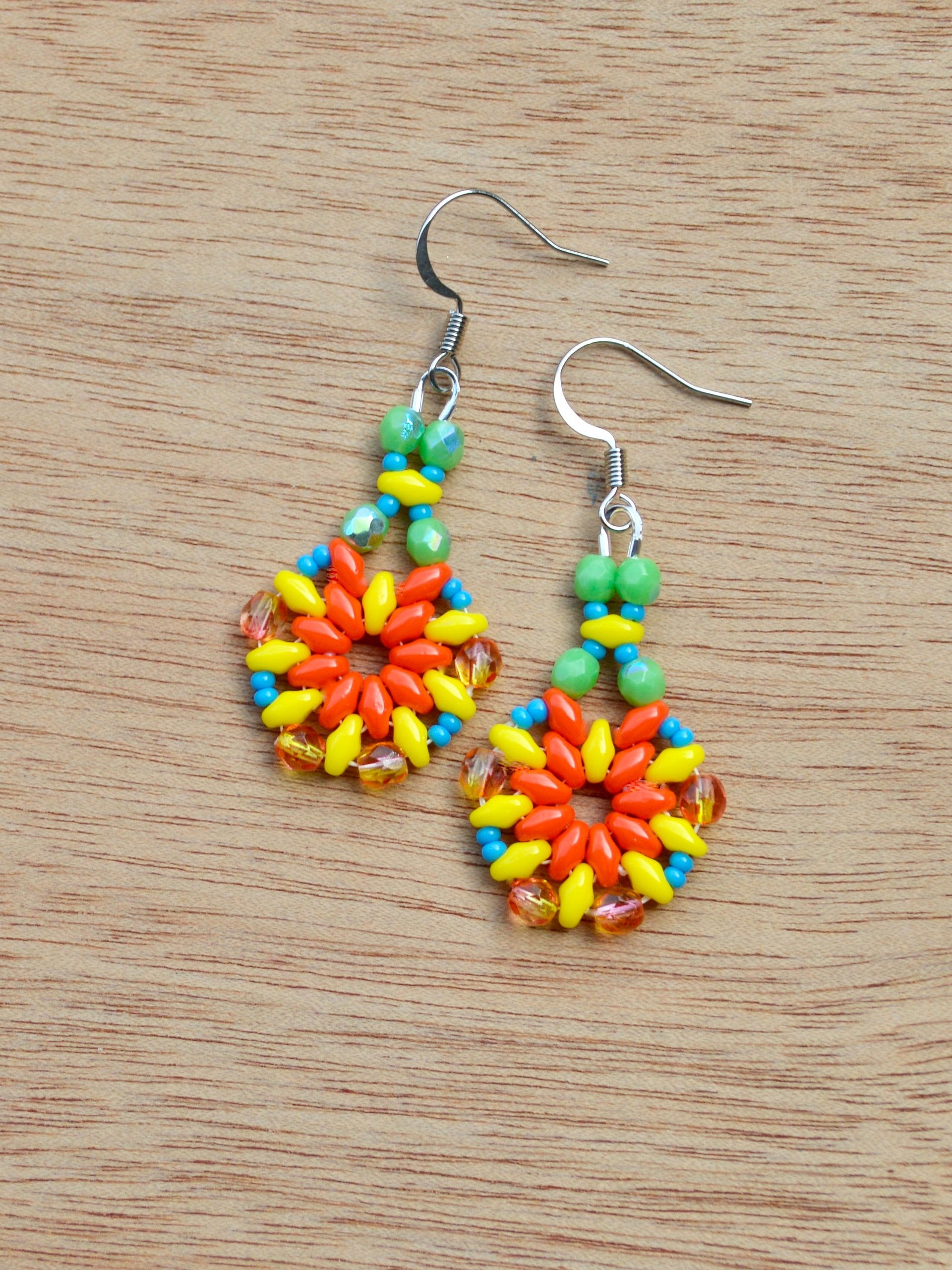 Colorful Orange and Yellow Dangle Earrings With Green Beads product image (4)