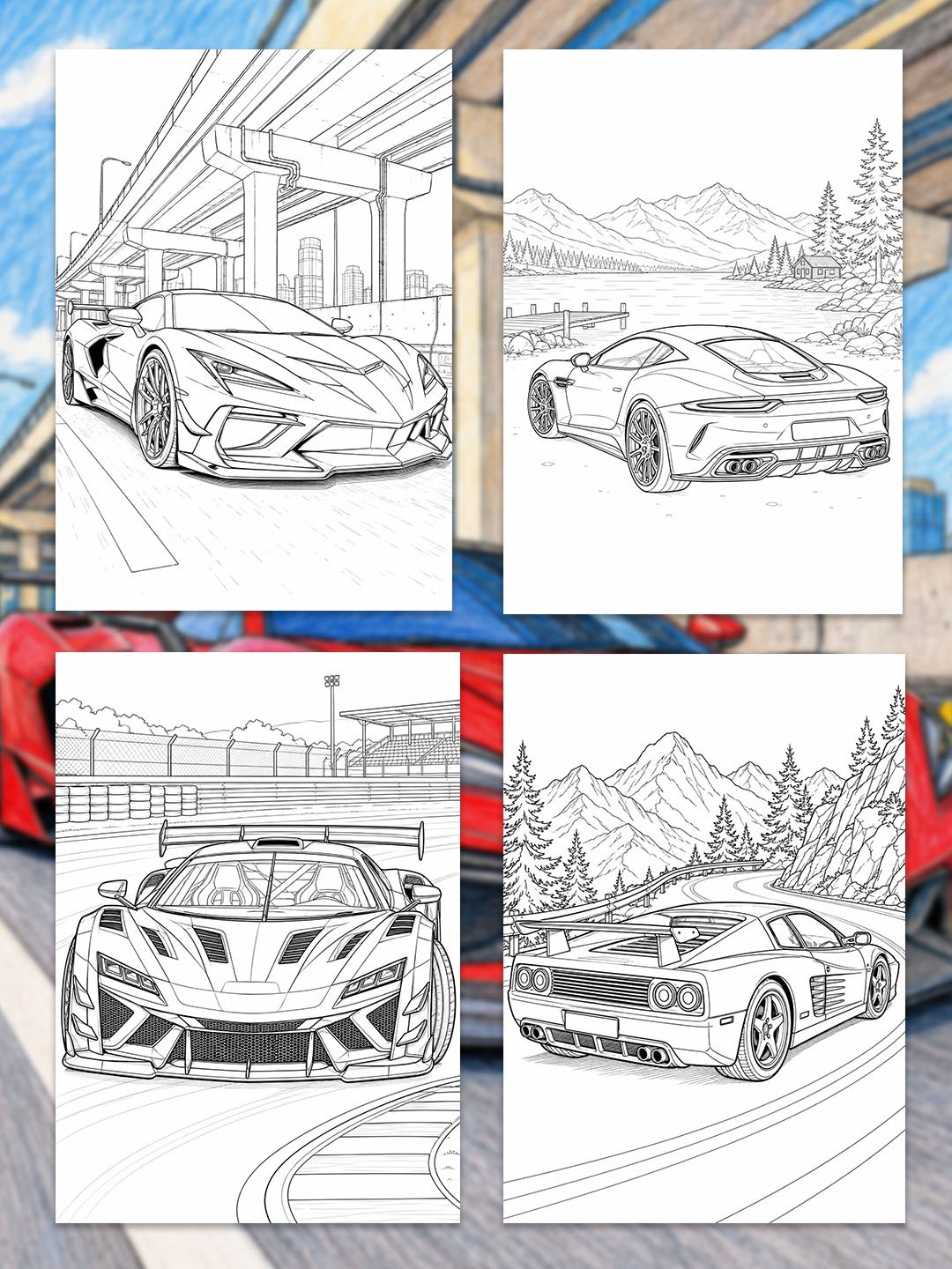 Supercar Coloring Pages Printable | 20 Exotic Sports Car Designs | A3 Automotive Coloring Book PDF for Adults product image (6)