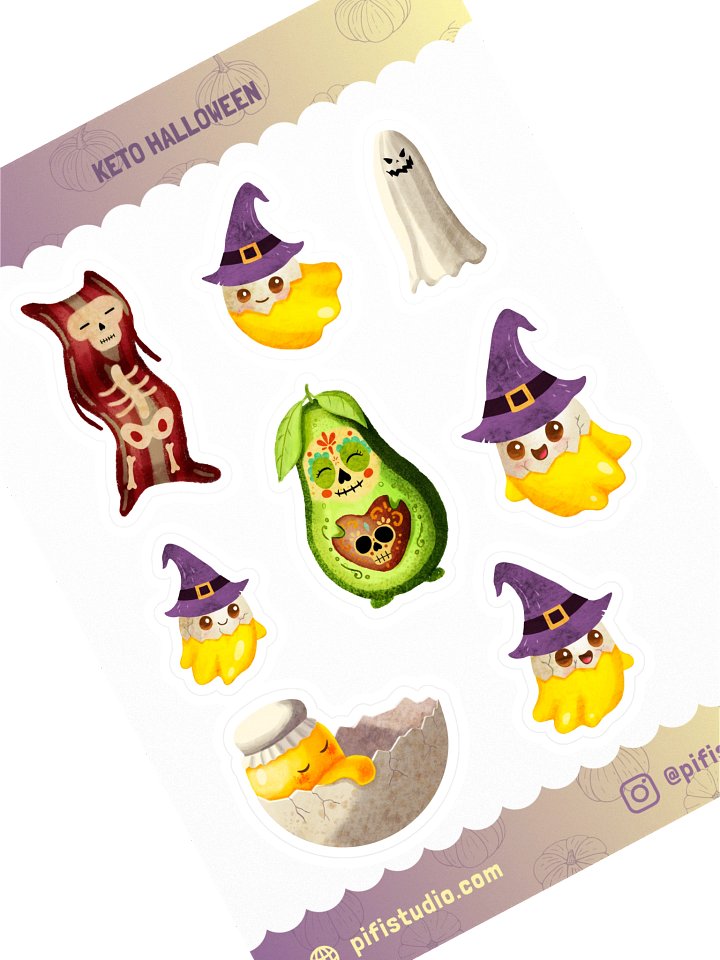 Keto Halloween Sticker Sheet | Cute Spooky Stickers with Mr. Crisp, Keggs & Lovocado product image (1)