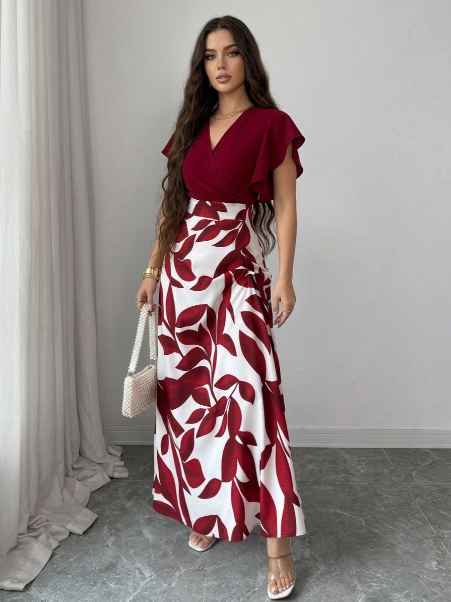 Elenzga Women's Elegant Maturity Black Leaf Pattern Ruched Cap Sleeve Fitted Fla Dress, Autumn And Winter And The Four Seasons Garden Party Brunch product image (2)