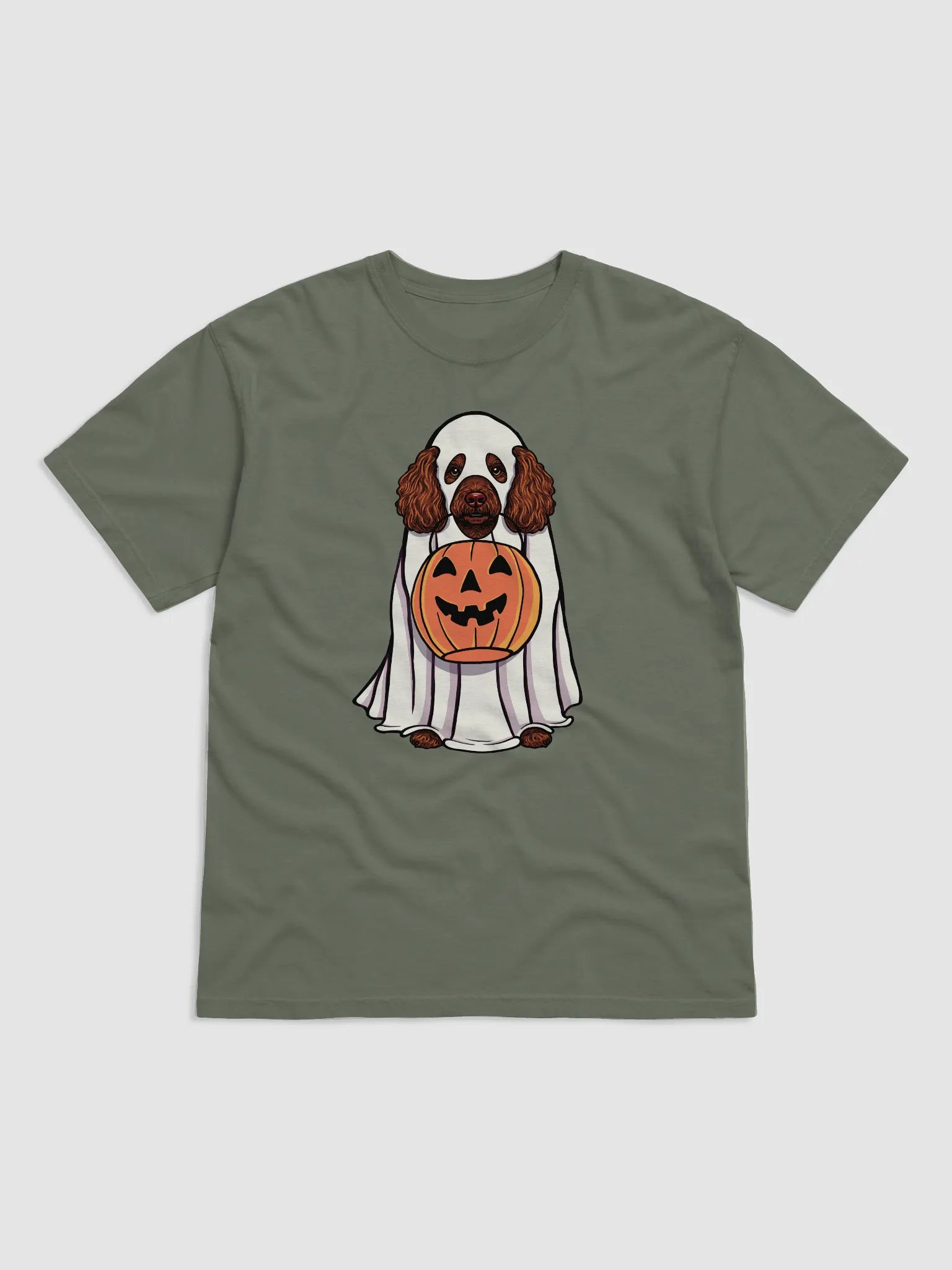 Funny Halloween Mini Poodle(Brown) T-Shirt | Funny Poodle Wearing a Ghost Costume and Holding a Pumpkin Basket product image (1)