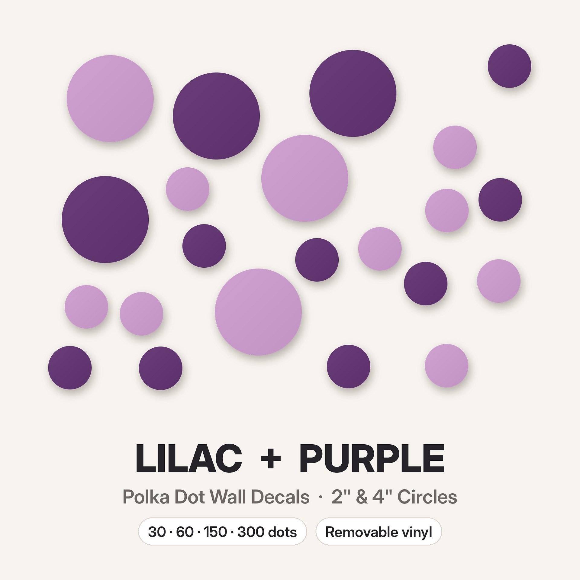 Lilac and Purple Polka Dot Wall Decals, 2" and 4" Vinyl Circle Stickers, Removable Dot Decals for Nursery, Kids Room, Playroom product image (3)