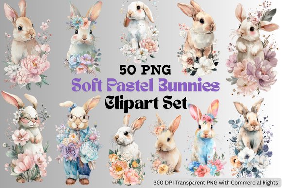Rabbits & Flowers Clipart PNG Bundle, Whimsical Bunnies for DIY Crafts (Commercial Use) product image (1)
