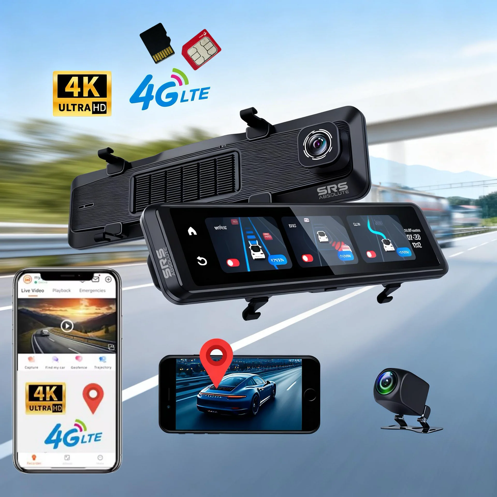 SRS ABSOLUTE 4K 4G Mirror Dash Cam Front Rear Dual Record GPS Tracking Live Video ADAS BSD Park Monitor Timelapse Reverse Parking Remote Playback Voice Calling 1TB MicroSD SIM Support product image (12)