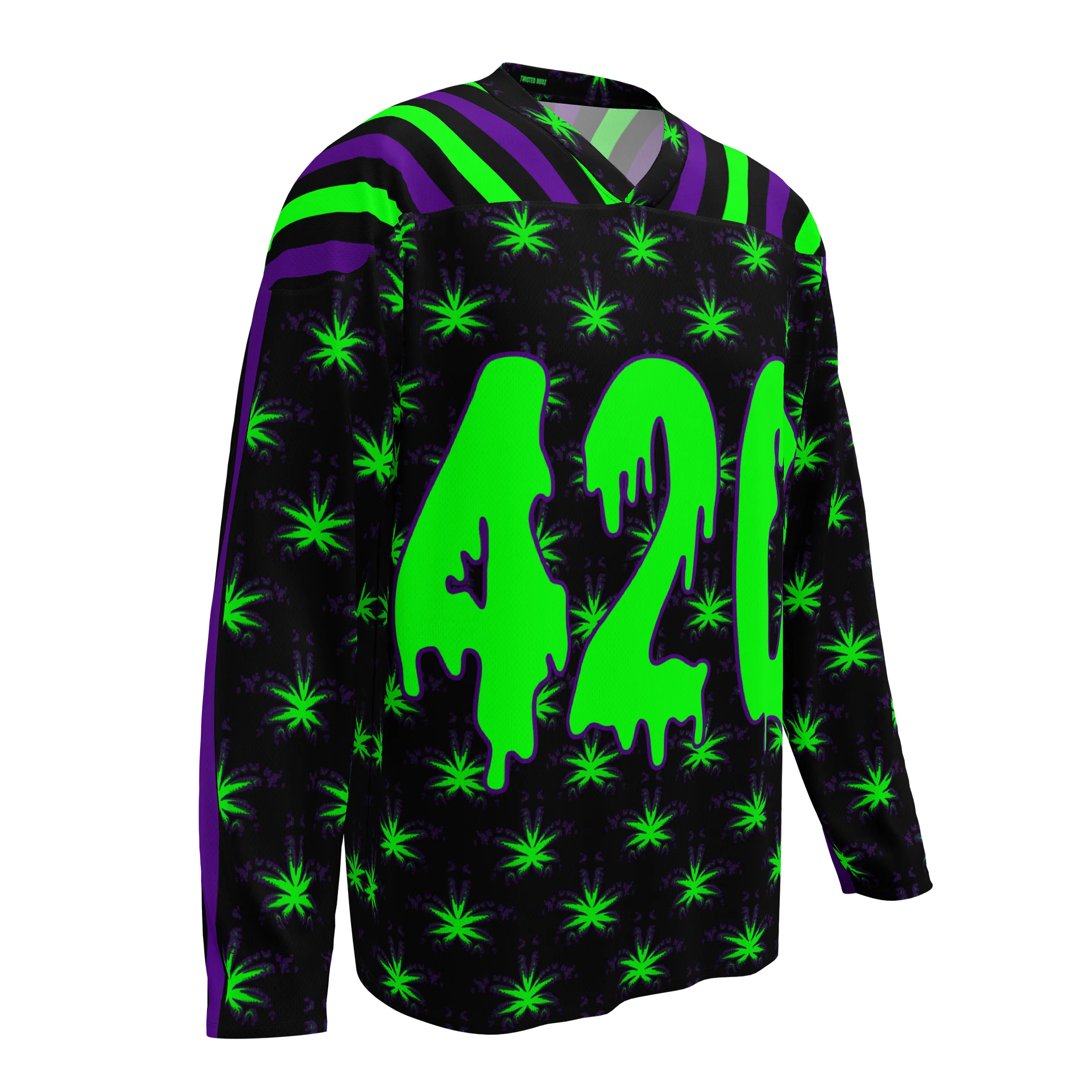Rave 420 Fan Hockey Jersey, Circus Stripes Stoner Shirt, Neon Green Purple Black Creepy Cannabis Clothing, Weed Leaf Festival Fashion product image (5)