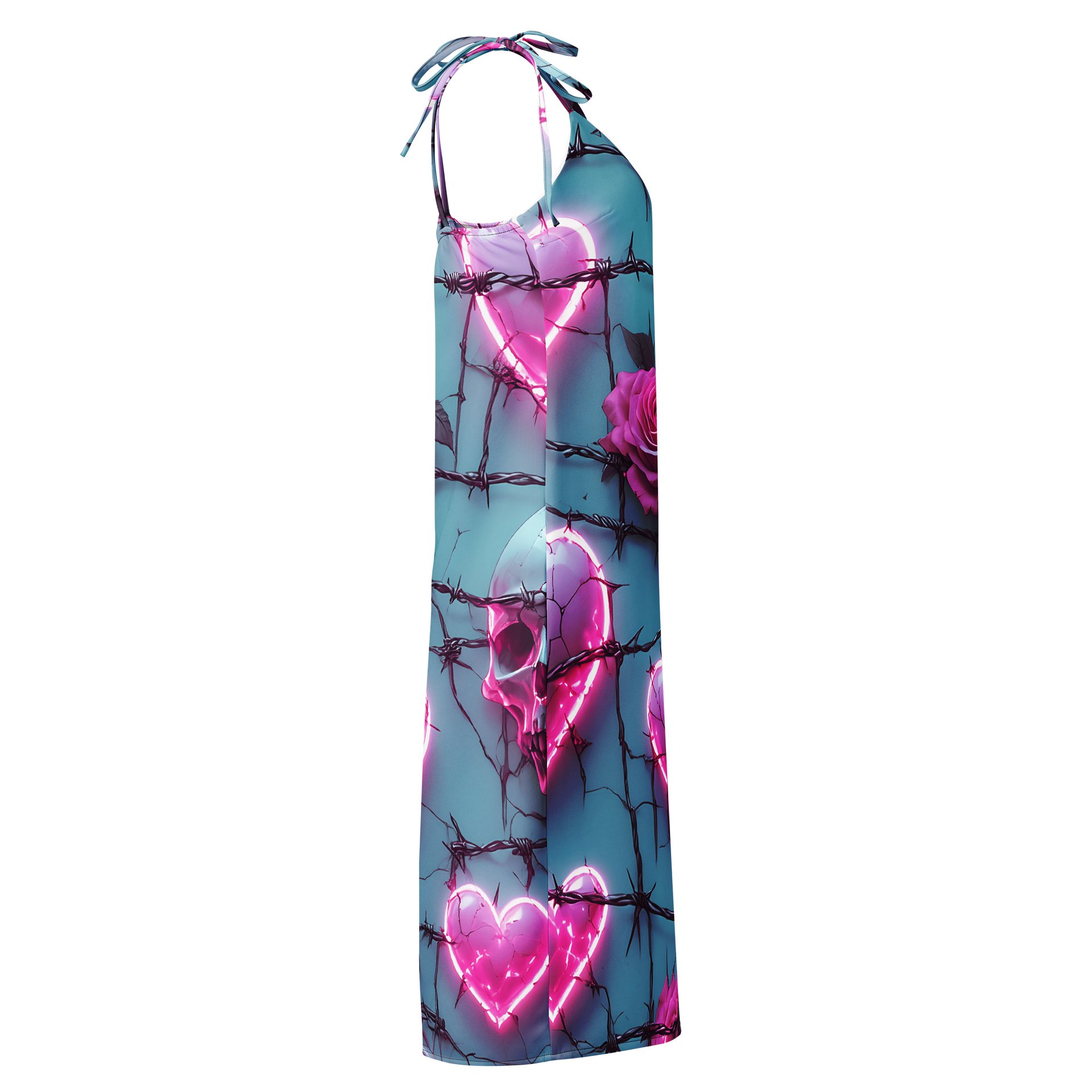 Neon Barbed Rose Heart Midi Slip Dress - Glow Pink Shattered Hearts & Roses Chiffon Halter Dress with Slit product image (4)