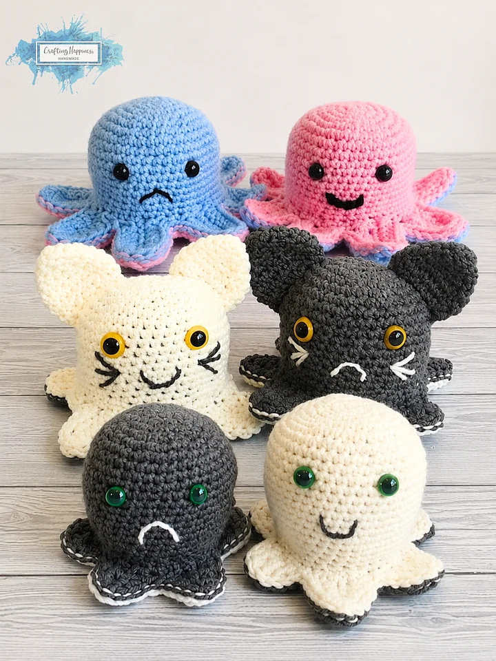 Reversible Amigurumi Crochet Pattern Bundle – Mood Octopus, Cat & Ghost (PDF Pattern) product image (1)