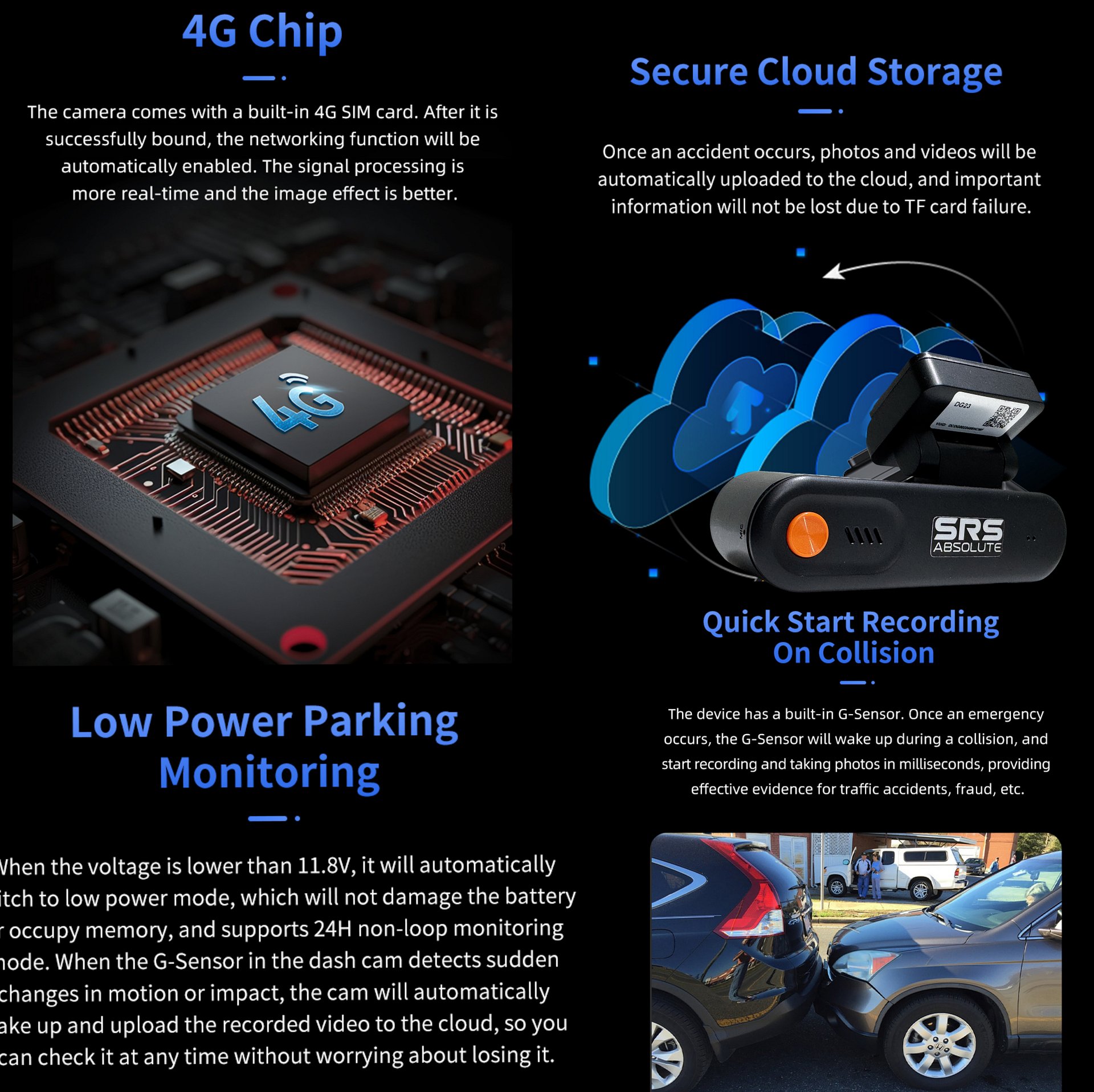 SRS ABSOLUTE 2.6K Dual 4G Dash Cam Timelapse Loop Record GSensor GPS Tracking Remote Live Video Voice Calling GeoTagging SOS Parking Monitor GeoFencing SIM MicroSD Supp Upto 1TB (S24Gen3 Front/Rear) product image (8)