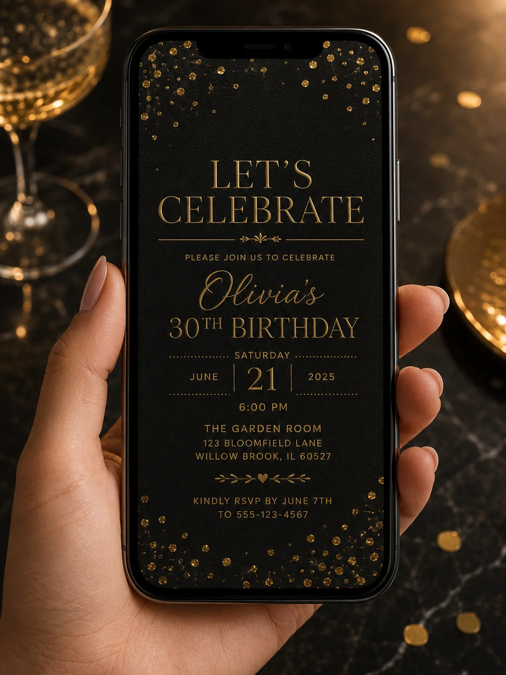 Black and Gold Birthday Invitation Template, Editable Canva Invite, 30th Birthday Party Invitation, Printable Digital Download product image (2)