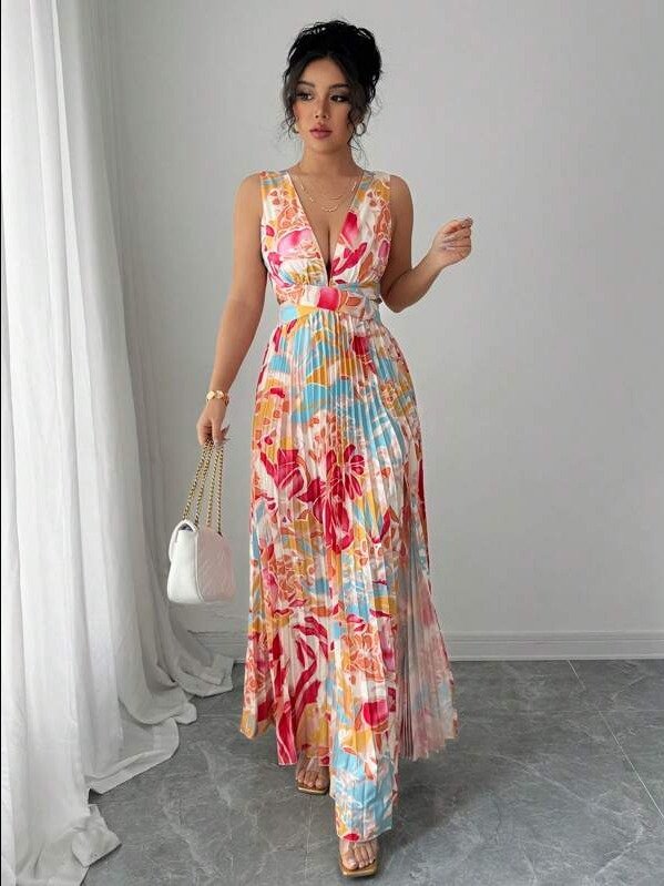ADLEST Sleeveless V-Neck Waist Hollow A-Line Pleated Floral Elegant Romantic Women Dress product image (1)