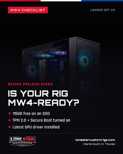 MW4 drops Oct 23 and preload opens Thursday. Is your rig ready? 🎯

✅ 115GB free on an SSD
✅ TPM 2.0 + Secure Boot ON (require...