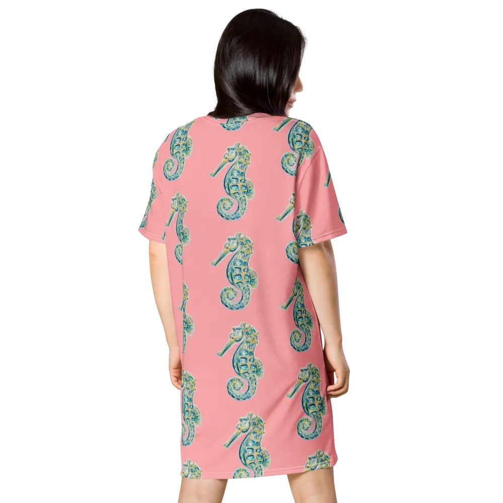 Ocean Majesty | Painted Seahorse | T-Shirt Dress | Coastal Oversized Dress | Ocean-Inspired Casual Style | Wewak Pink Background product image (2)