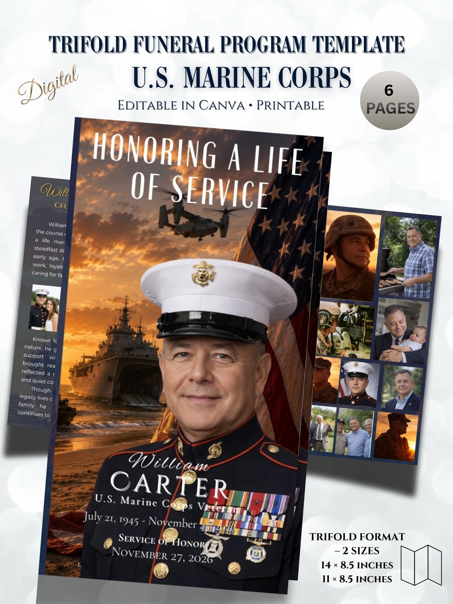 Veteran US Marine Corps Obituary Template | Military Trifold Canva product image (1)