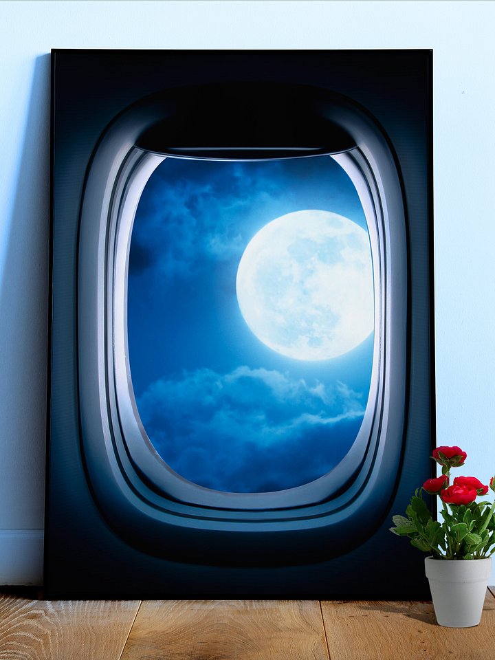Airplane porthole/window and Moon — Photo paper glossy poster. Space poster, space print, travel gift product image (1)