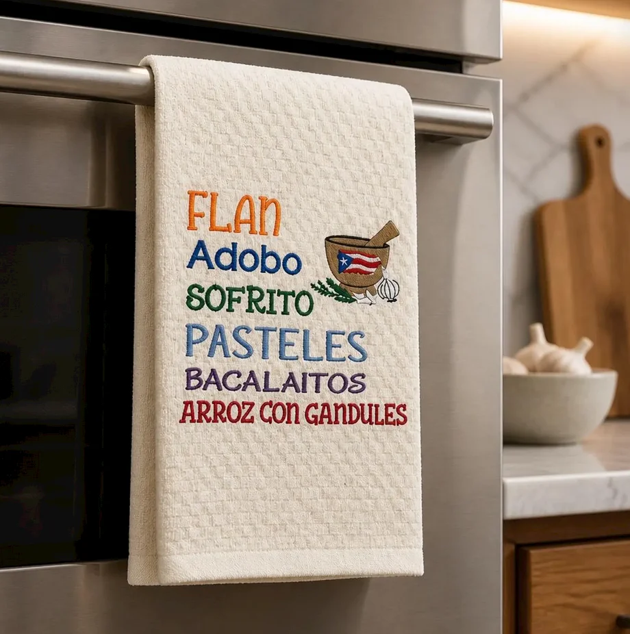 Embroidered Puerto Rican Food Kitchen Towel: Boricua Decor product image (1)