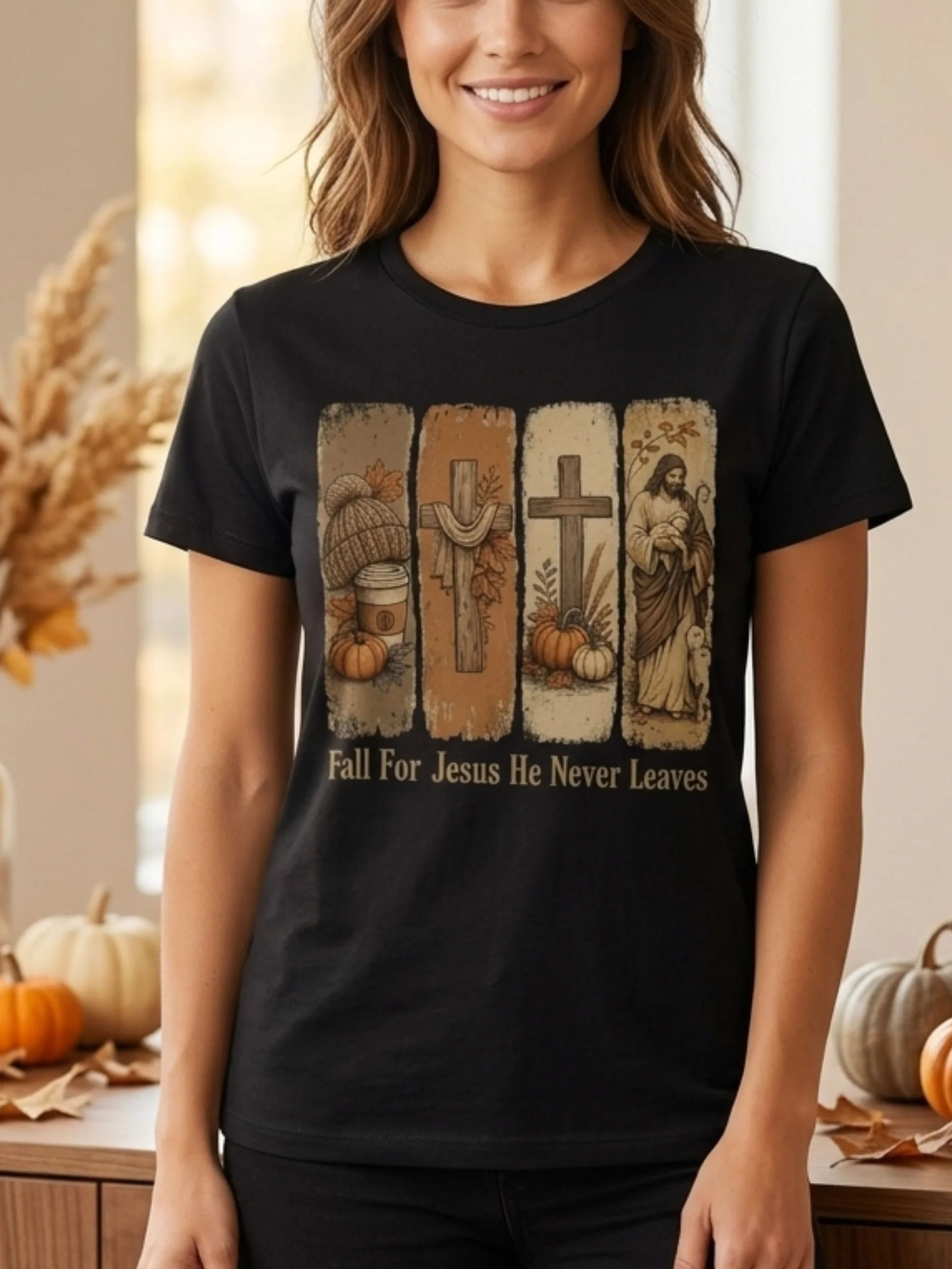 Fall For Jesus He Never Leaves tshirt | Thanksgiving Autumn Christian Shirt product image (1)