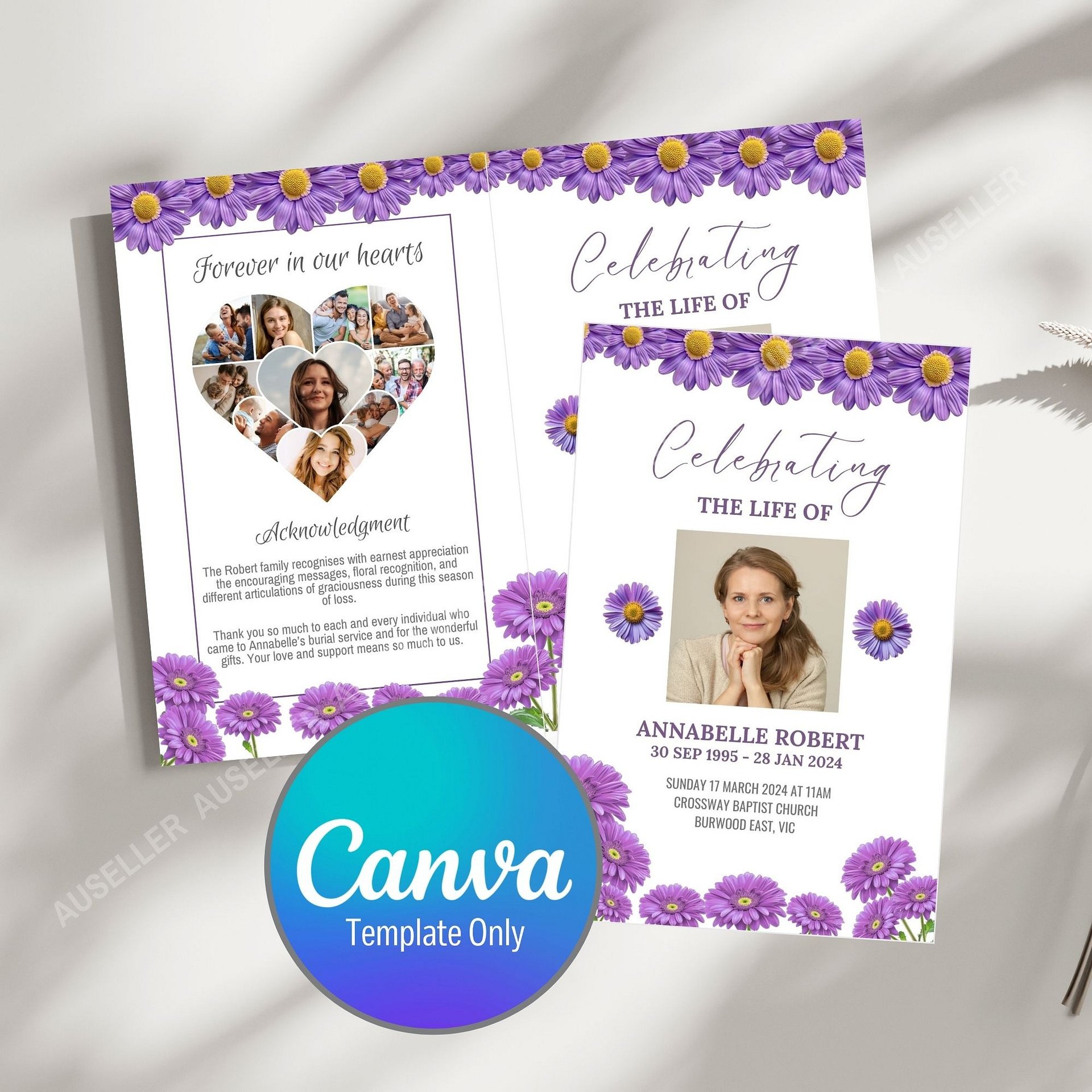 Purple Gerberas Funeral Program Canva Template product image (1)