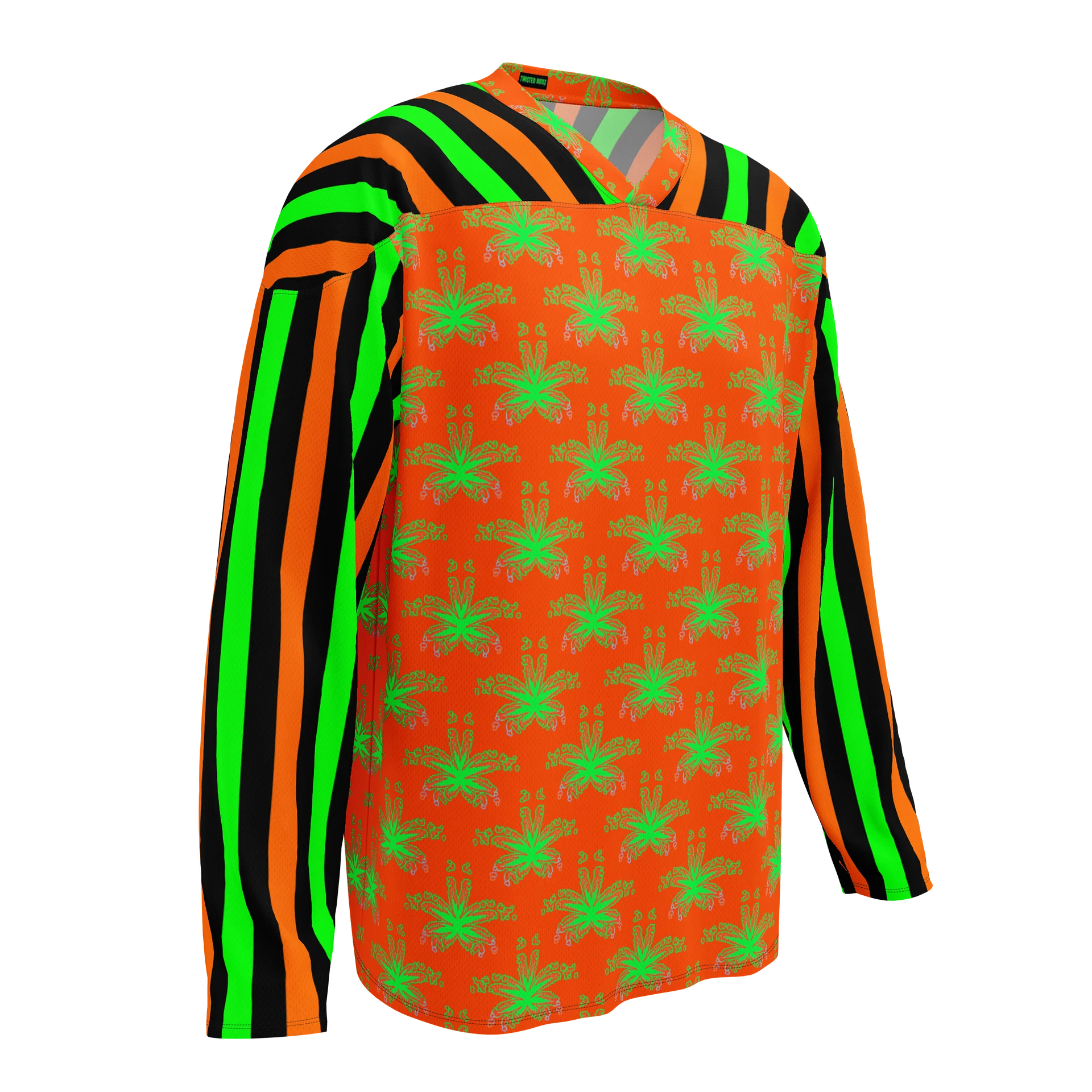 Weed Halloween Hockey Jersey, Cannabis 420 EDM Shirt, Pot Leaf Festival Ravewear, Green Orange Black Stoner Circus Stripe Clowncore Clothing product image (1)