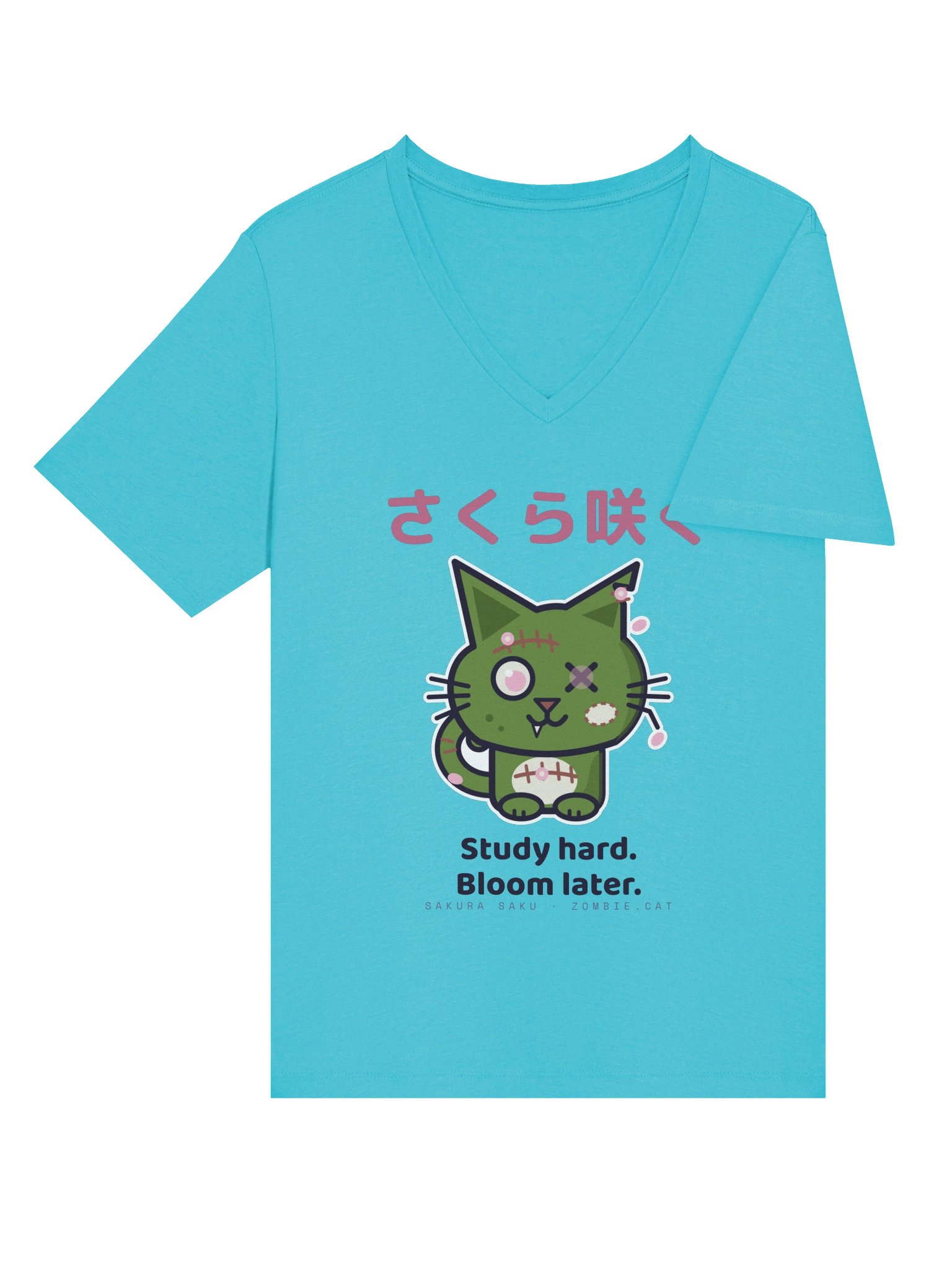 Sakura Bloom Zombie Cat Women's Relaxed V-Neck T-Shirt product image (8)