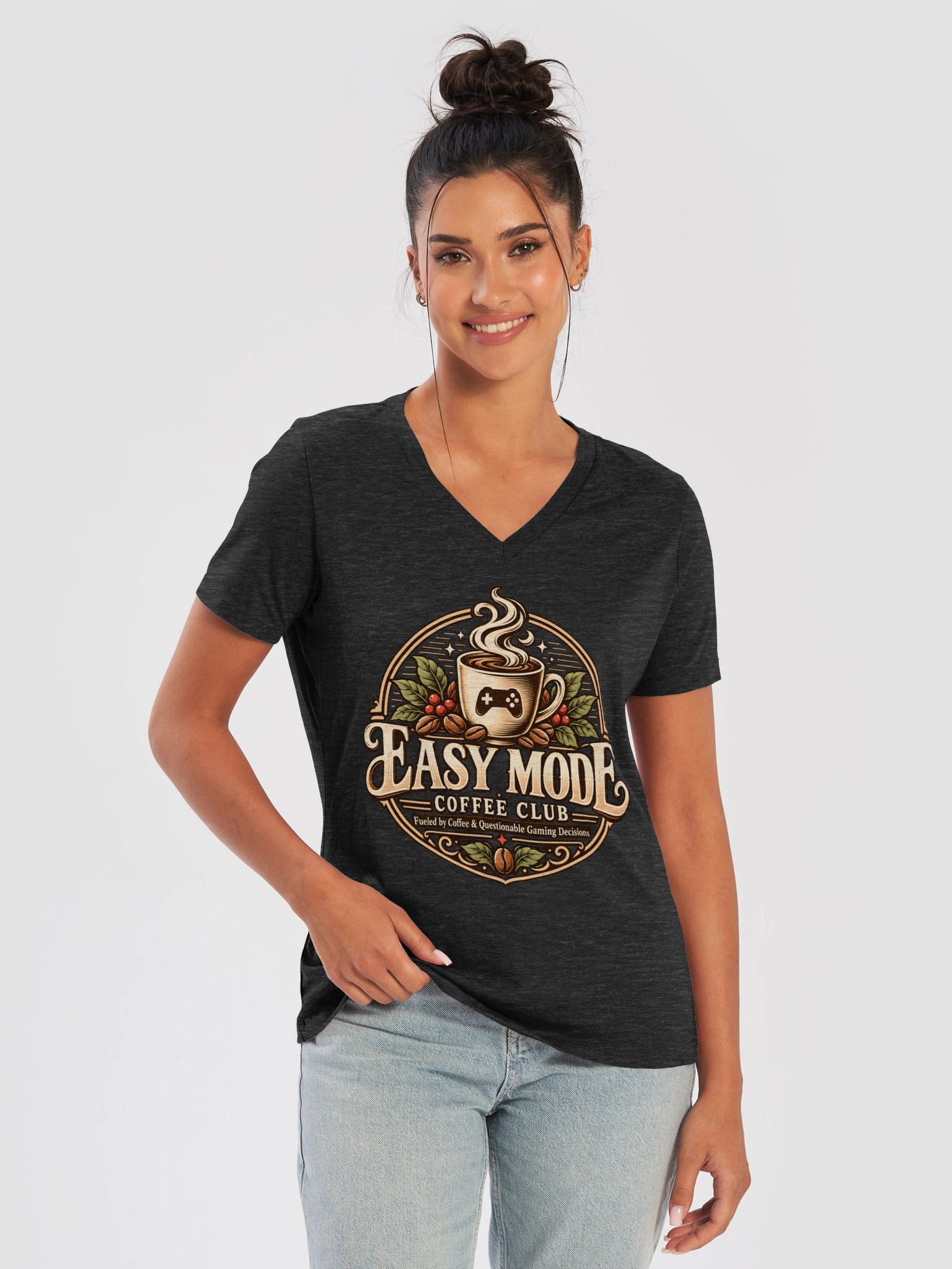 Easy Mode Coffee Club Women’s Relaxed V-Neck Tee – Dark Gray Heather product image (2)