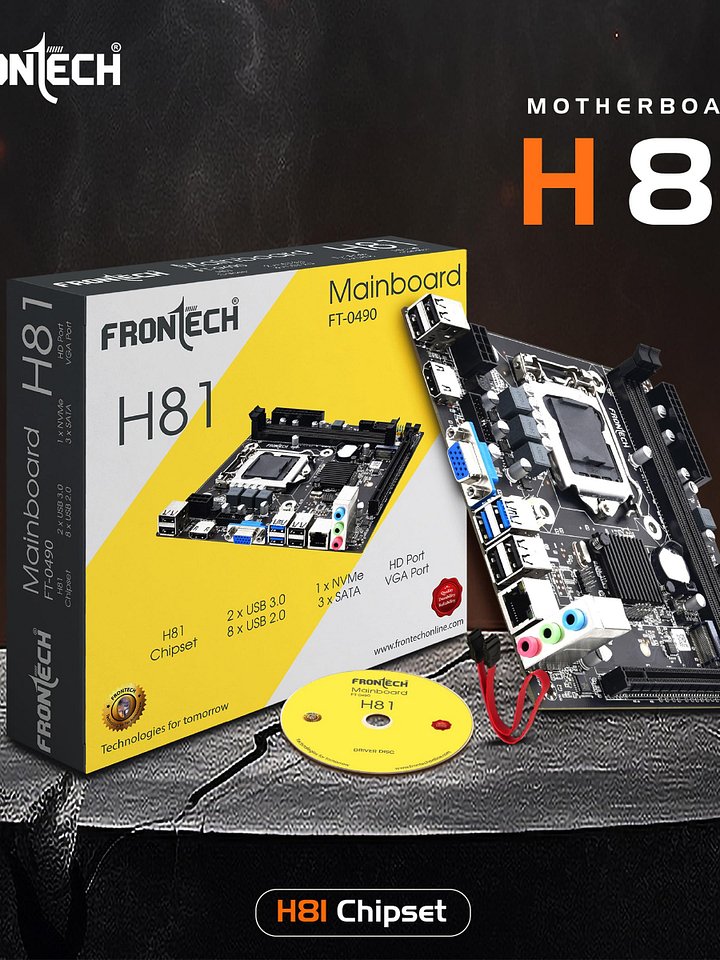 the FRONTECH Store 2.9 2.9 out of 5 stars (25) FRONTECH H81 Chipset Motherboard with 2 x DDR3 RAM Slots LGA1150 Supports | 2 x USB 3.0, 6 x USB 2.0 | 3 x SATA Slots | NVME Slots| 1 x PCIE x 16| product image (2)