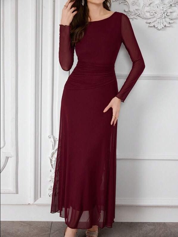 ADLEST Modelyn Women Mesh Long Sleeve Ruched Waist Dress Burgundy Maxi Women Outfit Long Evening Dresses Fall Cloth For Women product image (1)