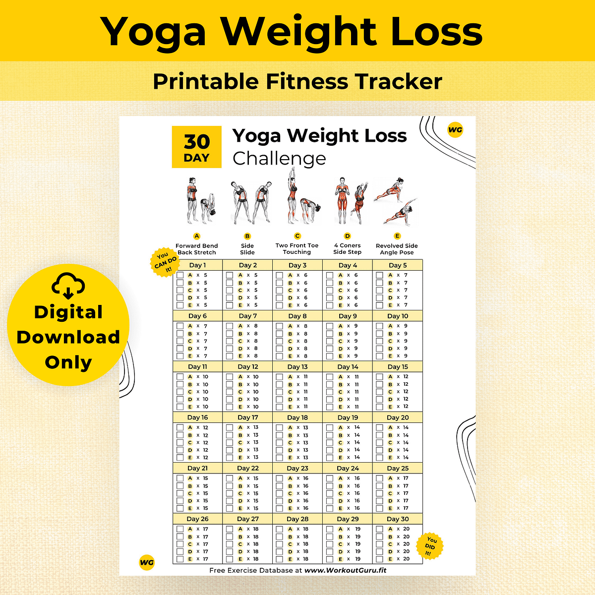 30 Day Yoga Weight Loss Challenge - Printable Workout Tracker | Workout ...