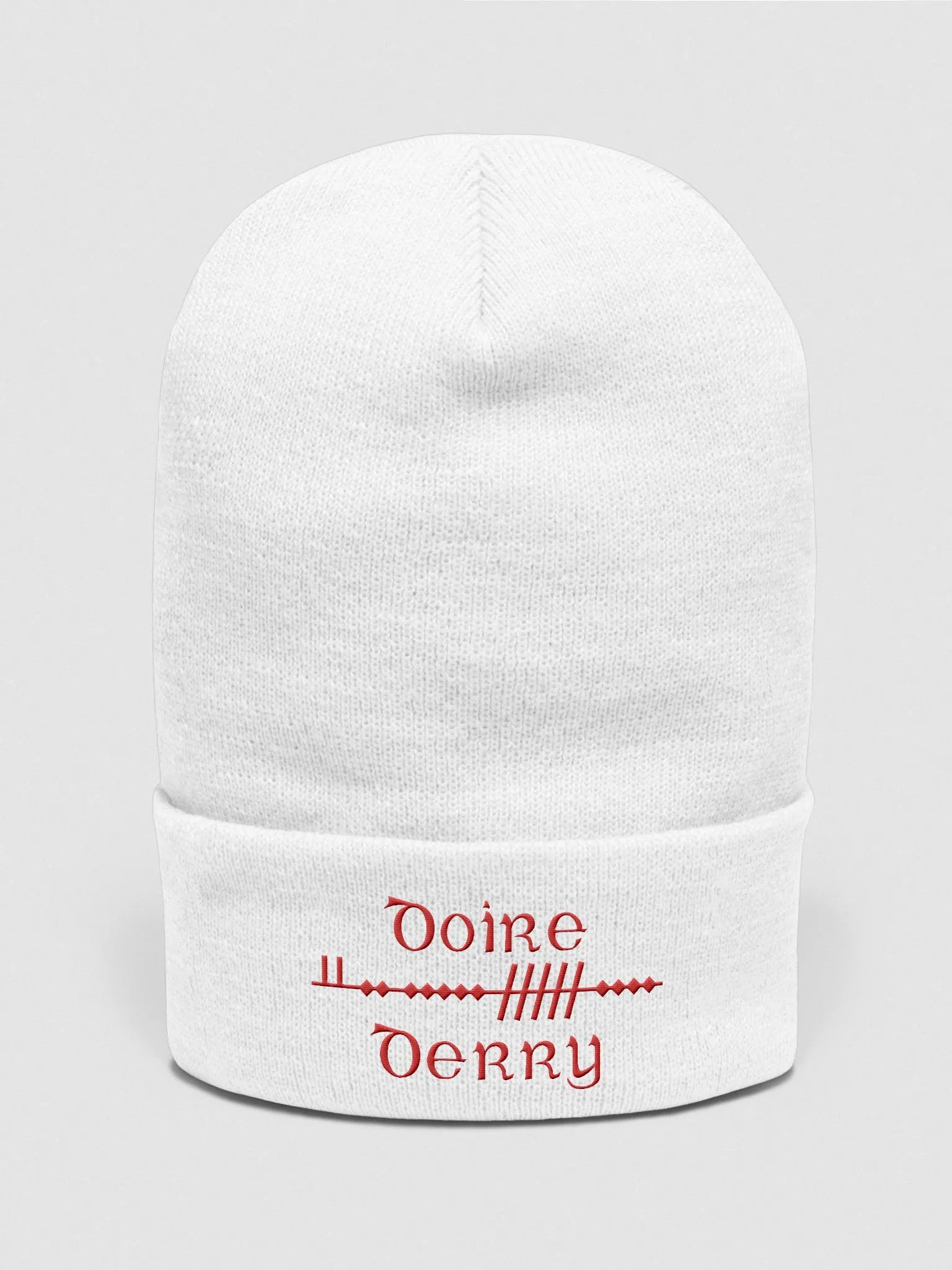 Derry/Doire, Scholastic style Ogham, white with red, embroidered Cuffed Beanie product image (1)