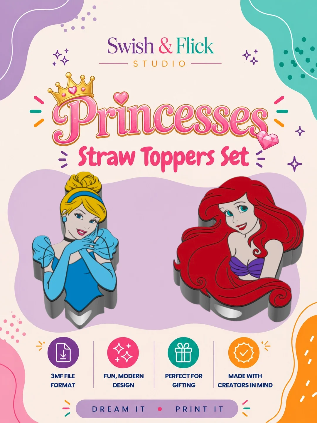 Princesses 3D Printable Straw Topper File | Includes 8mm & 10mm Sizes | STL + 3MF Digital Download product image (1)