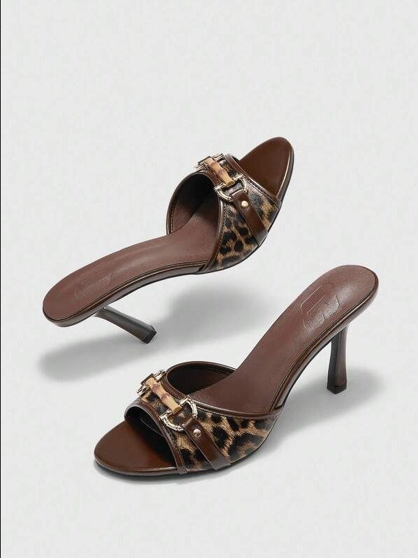 ADLEST 8.8cm Heel Height Brown PU Mixed With Gold Buckle Decor Retro Fashion Round Toe Mule High Heel Sandals product image (1)