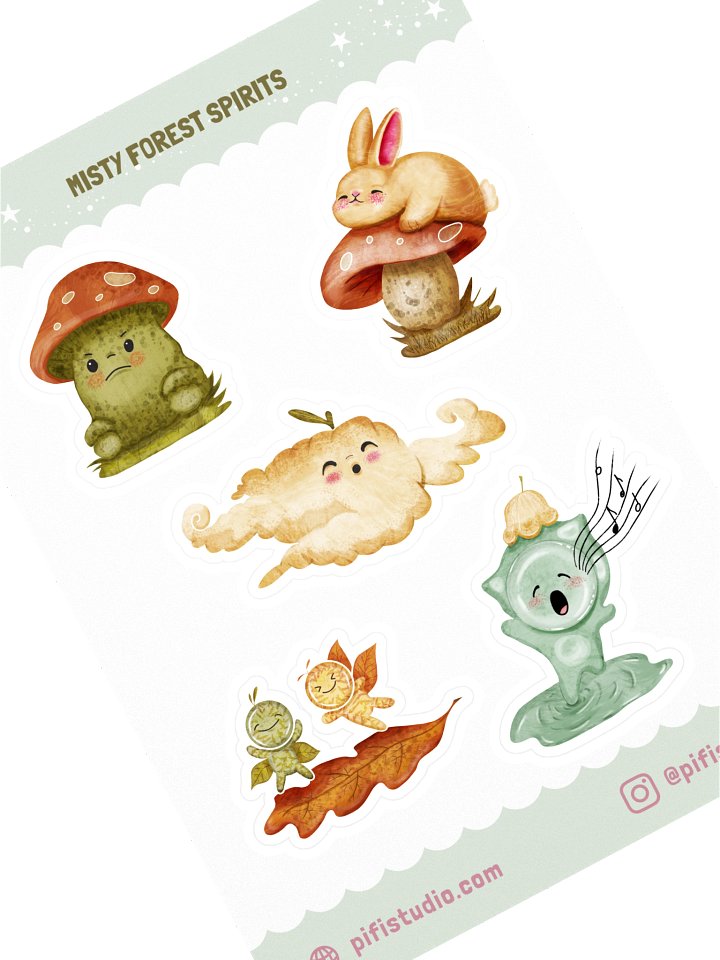 Misty Forest Spirits Sticker Sheet | Niru, Yuna, Kumo, Tari & Tori, Elo | Cute Cottagecore Fantasy Vinyl Stickers product image (1)
