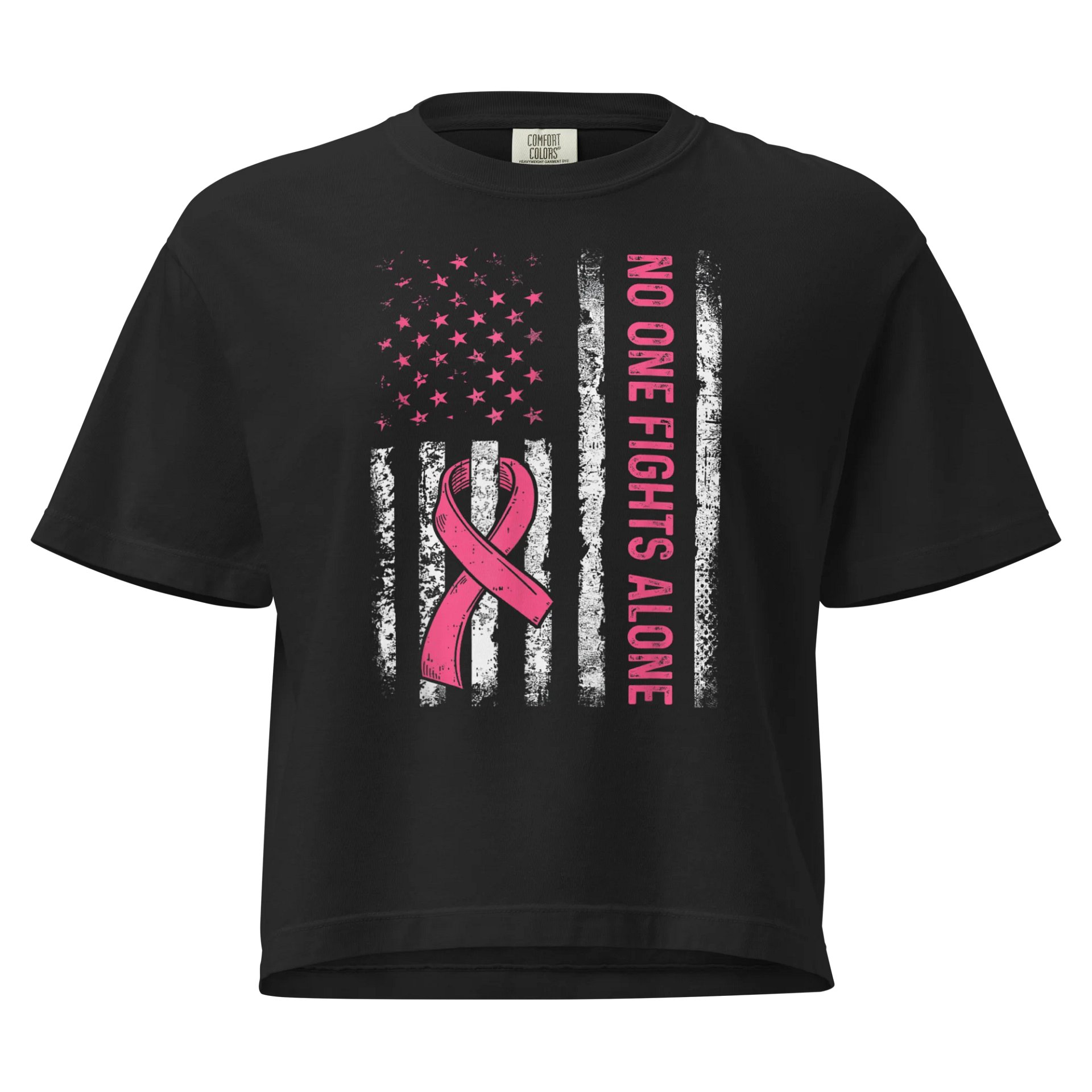 No One Fights Alone - Pink Ribbon American Flag Cancer Heavyweight Boxy T-Shirt product image (1)