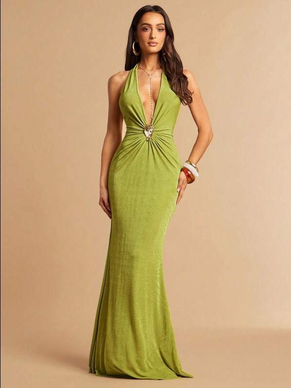 ADLEST V-Neck Metallic Ruffles Sexy And Elegant Women's Dress, Sleeveless Design, Elegant Formal Wear, Bridesmaid Dress, Wedding, Beach Vacation Wear, Date/Outing/Nightclub Party/Party Dress product image (1)