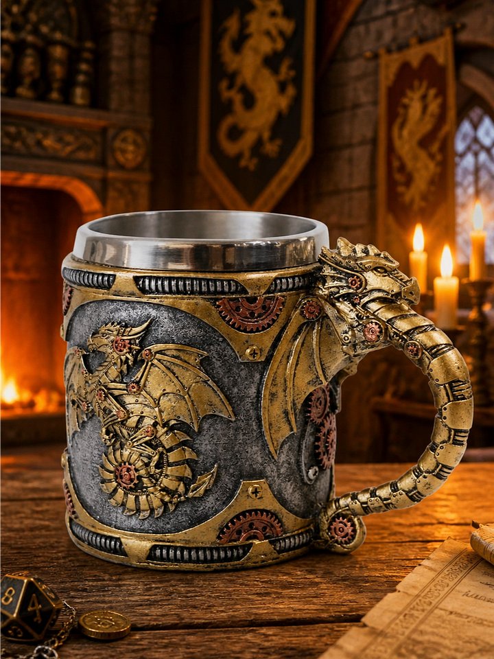 The Armored Kingdom Yellow Mechanical Dragon Mug-Stainless Steel Interior-Unique Gollector Gift product image (1)