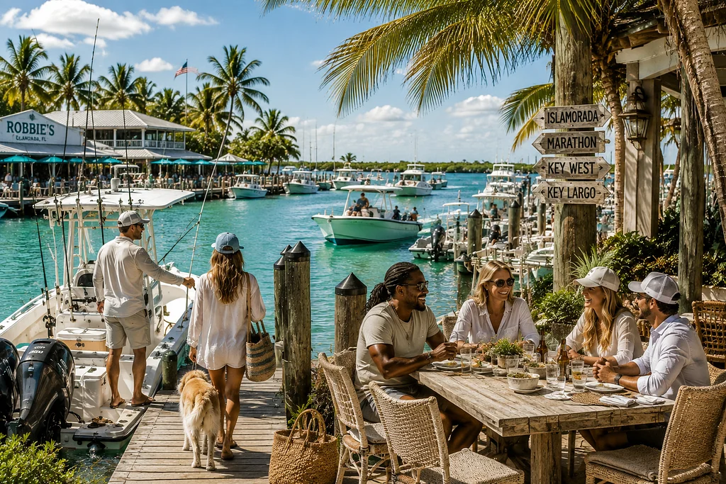 Friends dining beside a Florida Keys marina with turquoise water, fishing boats, palm trees, and signs pointing to Islamorada, Marathon, Key West, and Key Largo.