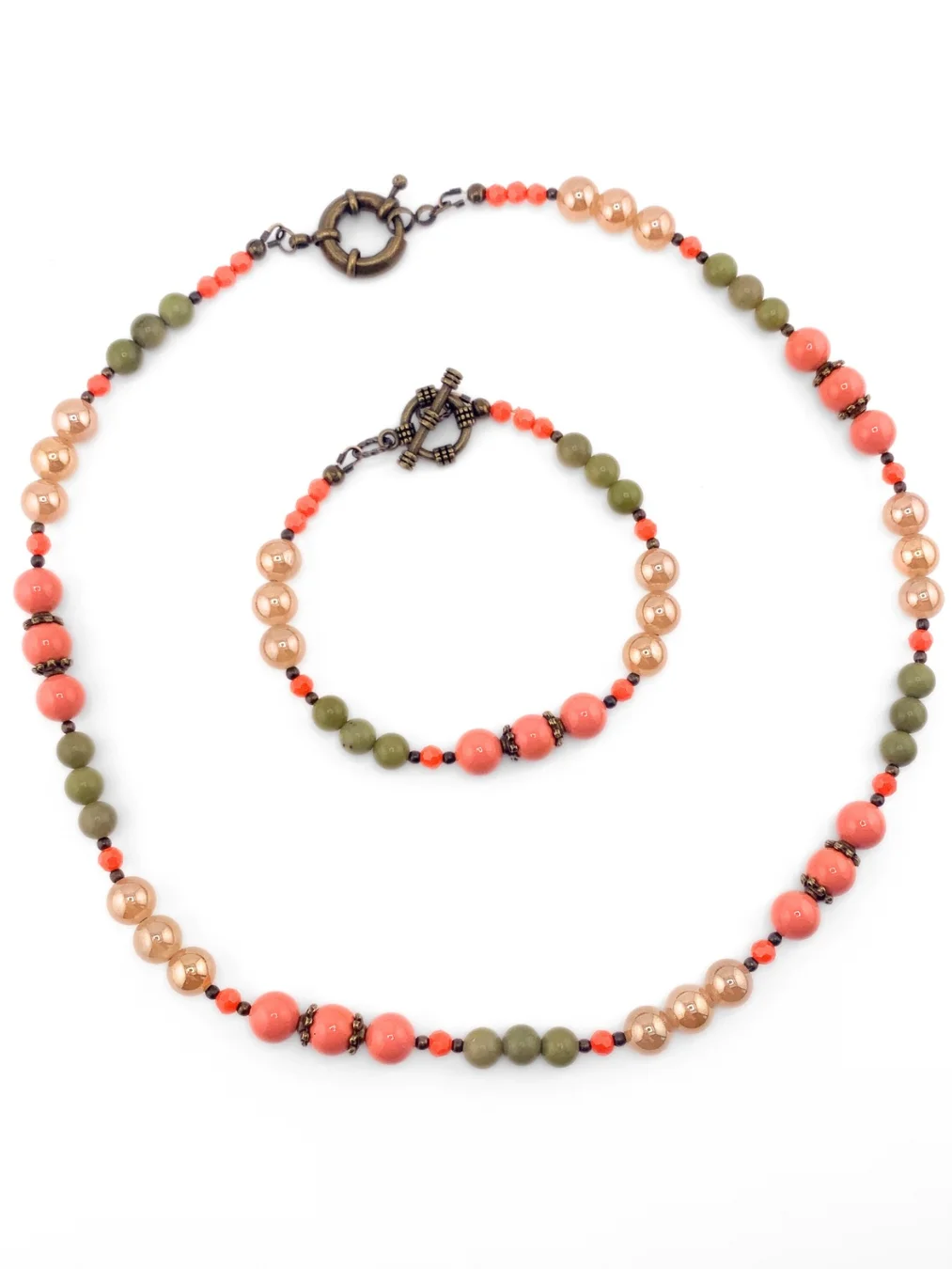 Glass Beaded Single Strand Necklace Set - Peach, Green product image (7)