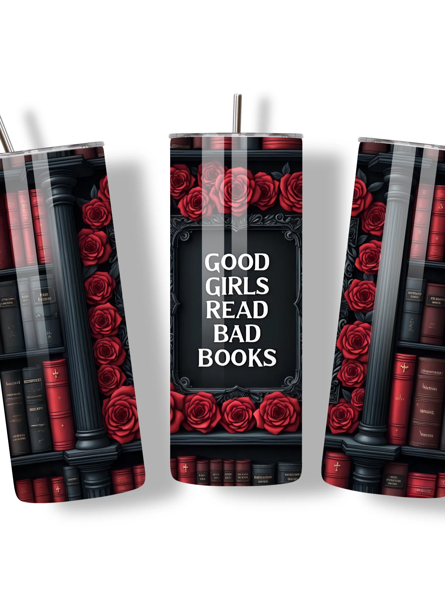 Goth 20oz Skinny Tumbler with Metal Straw – Elegant Red Rose and Library Design – Double-Walled Insulated Stainless Steel Tumbler for Hot & Cold Drinks, Gift for Goth Book Lover product image (4)