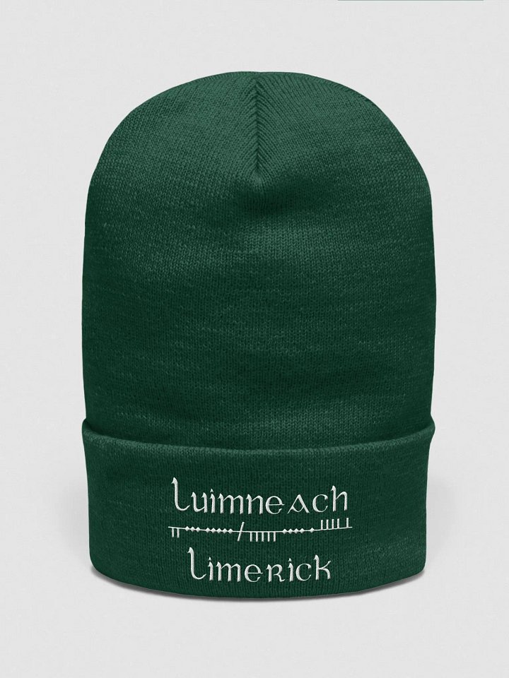 Limerick/Luimneach Scholastic style Ogham, green with white, embroidered Cuffed Beanie product image (1)