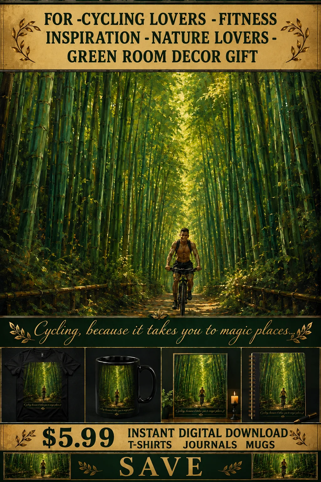 For Green Rooms Cycling Wall Art Bamboo Forest Bike Print Nature Lovers Gift product image (1)