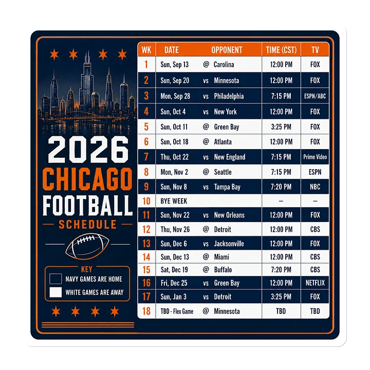 Chicago 2026 Football Schedule Magnet product image (1)