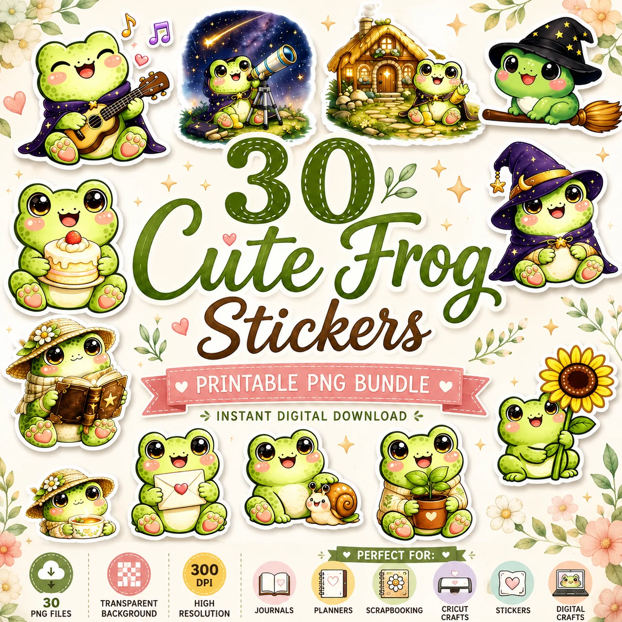 30 Kawaii Frog Stickers – Digital Bundle product image (1)