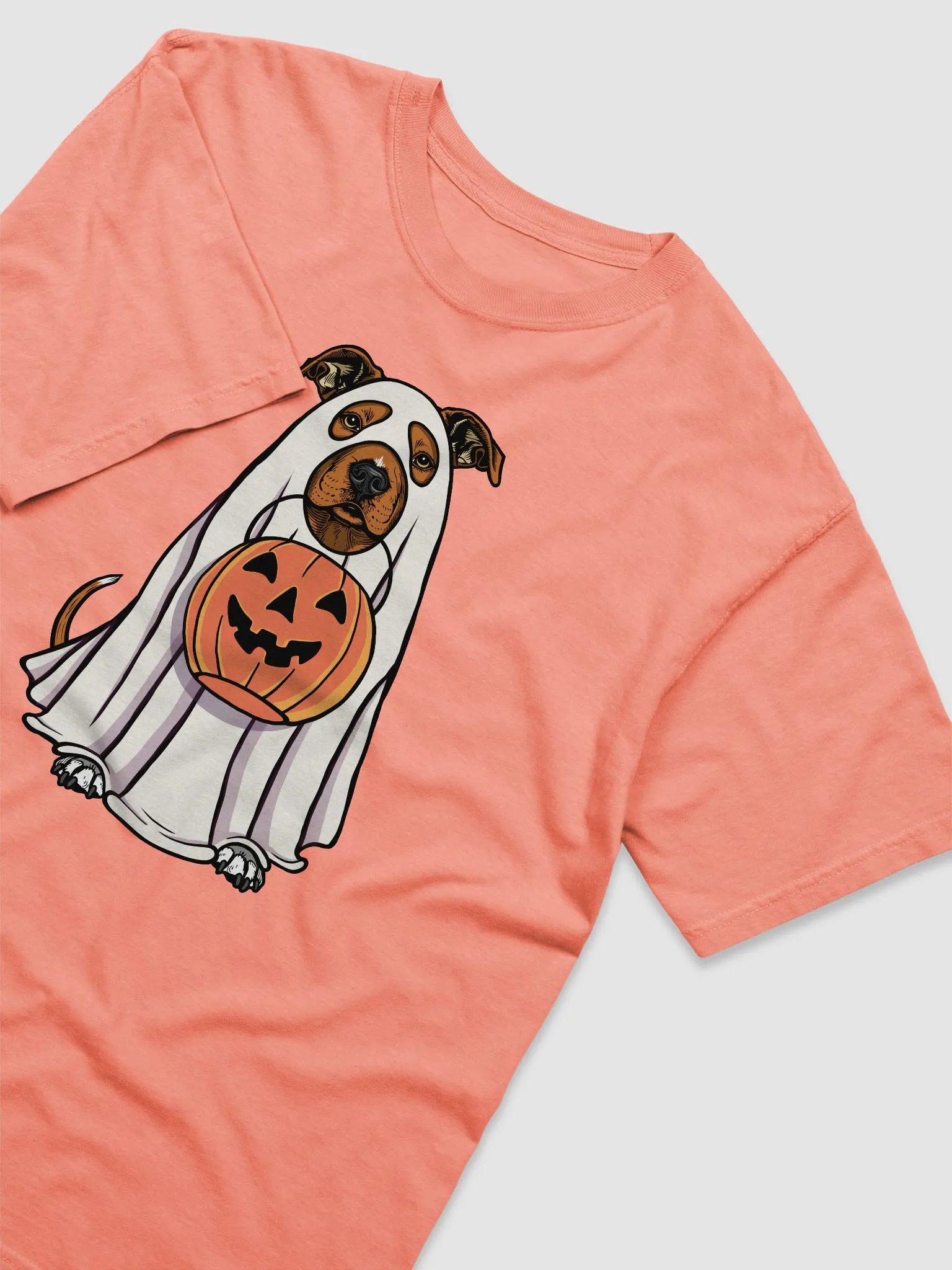 Funny Halloween Pitbull Terrier(Red) T-Shirt | Funny Pittie Wearing a Ghost Costume and Holding a Pumpkin Basket product image (6)